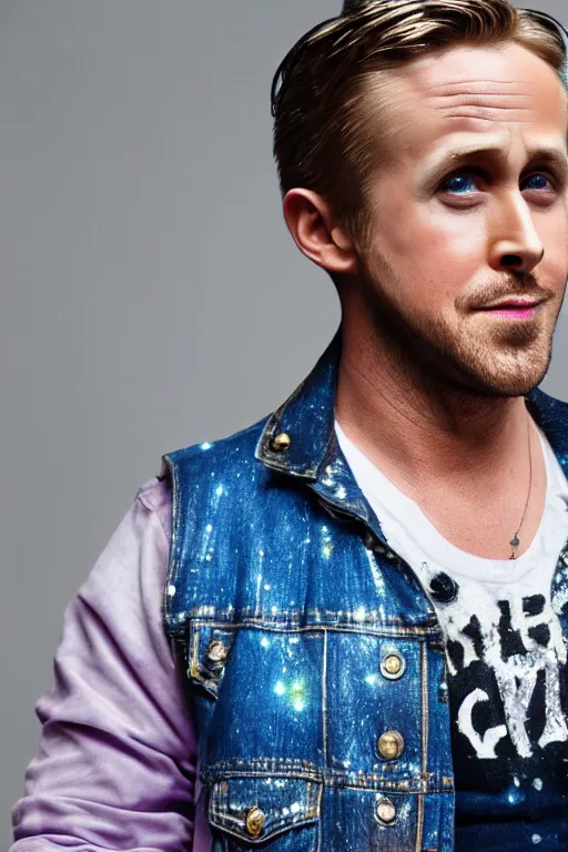 Image similar to Ryan Gosling with silver-violet hair, white eyes inflated press and denim glittery vest, wide lens, diorama, 4k,