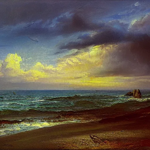 Prompt: seascape, by ivan shishkin, color field painting, light art, wide angle, ultra - wide angle