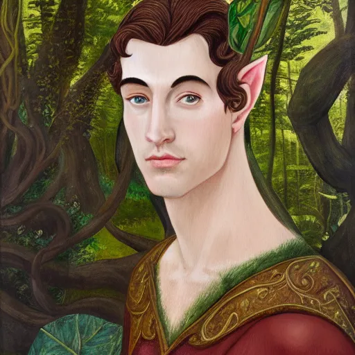 Image similar to Portrait of an elven king in a lush forest. Oil painting in the style of Botticelli. Fantasy art. 4k.