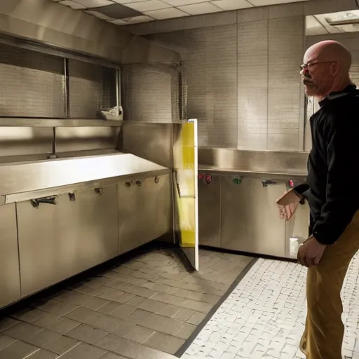 Image similar to Walter white running a pizza restroom