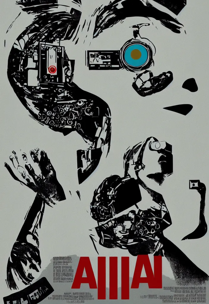 Image similar to a poster in the style of the polish poster school of posters for the film'the ai'with an artificial intelligence and vr headset