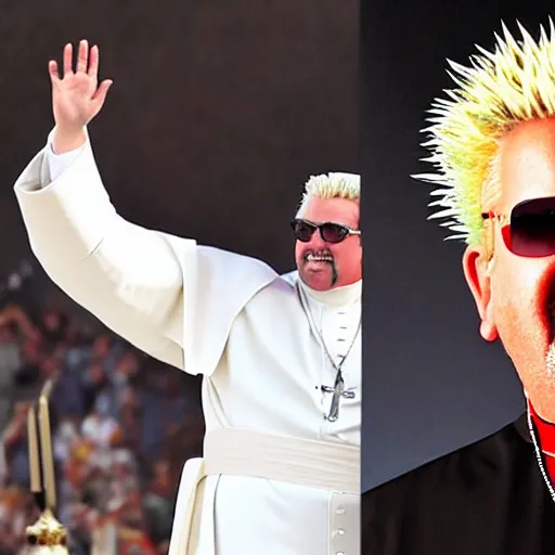 Image similar to guy fieri dressed as the pope, people are cheering for him, the crowd is filled with people wearing tin foil hats, award winning photo,