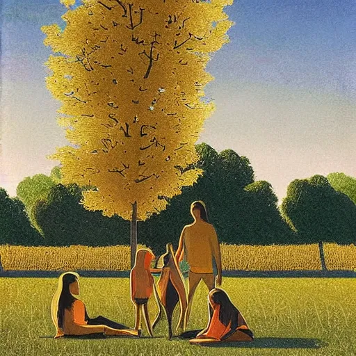 Prompt: Digital art. Conceptual art, the warm, golden light of the sun casts a beautiful glow on the scene, and the gentle breeze ruffles the leaves of the trees. The figures in the conceptual art are engaged in a simple activity, the way they are positioned and the expressions on their faces suggest a deep connection. Peace and contentment, idyllic setting. by Rupi Kaur, by Hikari Shimoda spirited, monumental