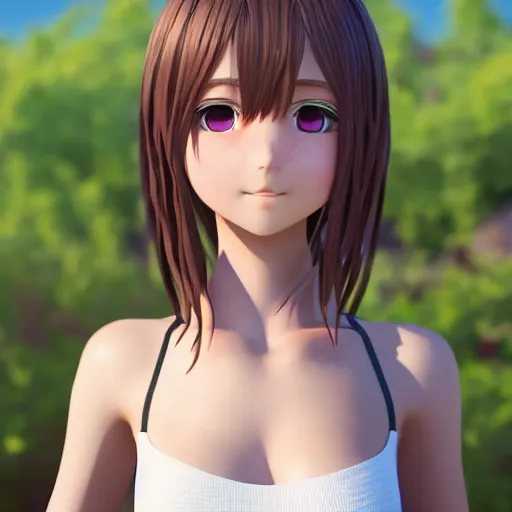 Image similar to Render of a very beautiful 3d anime girl, long hair, hazel eyes, cute freckles, full round face, short smile, cute sundress, golden hour, serene beach setting, medium shot, mid-shot, highly detailed, trending on Artstation, Unreal Engine 4k