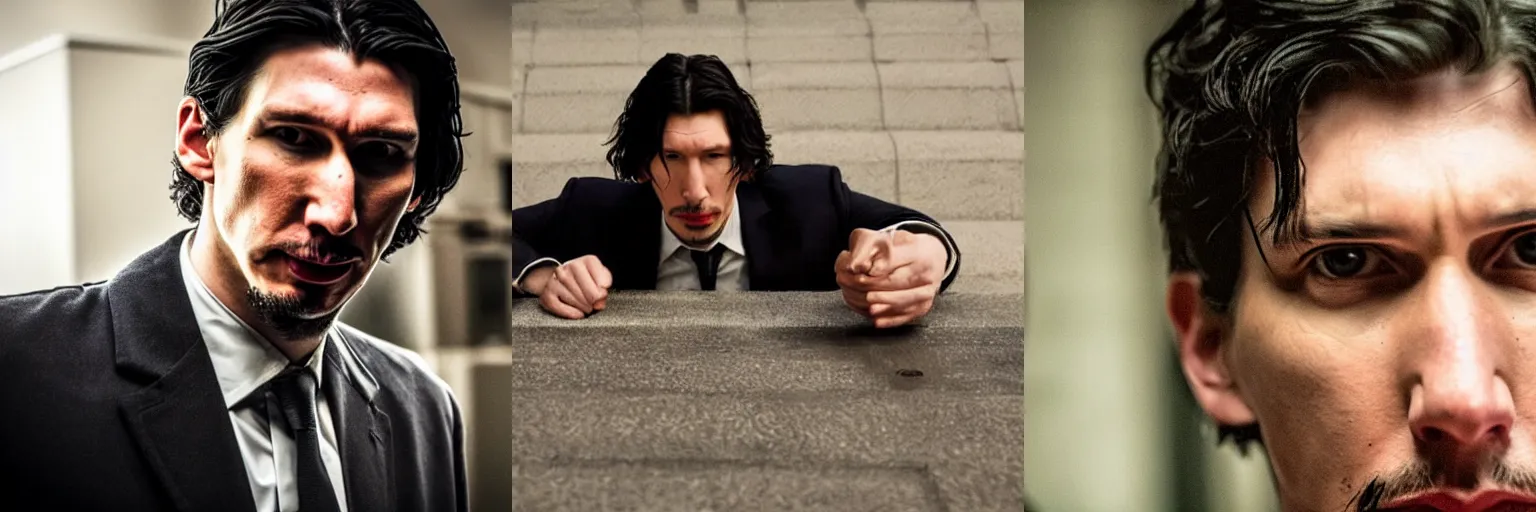 Prompt: close-up of Adam Driver as a detective in a movie directed by Christopher Nolan, movie still frame, promotional image, imax 70 mm footage