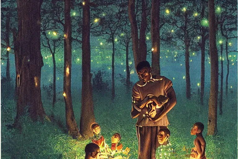 Image similar to a scenic view of a black boy talking to his ancestors in the middle of a magical forest with glow-worm lights near a lake, detailed, cinematic, dramatic scene, retro illustration by Norman Rockwell.