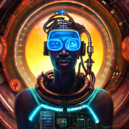 Image similar to a dogon cyberpunk hacker, steampunk stargate by greg rutkowski and android jones in a surreal portrait style, oil on canvas, ancient cyberpunk 8k resolution