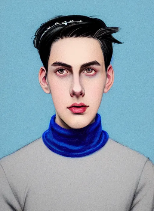 Image similar to portrait of teenage jughead jones wearing a light grey crown, crown, blue turtleneck, 1 9 5 0 s, closed eyes, photorealistic, black hair, glowing lighting, intricate, elegant, glowing lights, highly detailed, digital painting, artstation, concept art, smooth, sharp focus, illustration, art by wlop, mars ravelo and greg rutkowski