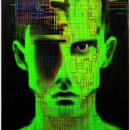 Image similar to hyperrealistic portrait of a cyberpunk teenager, male, short hair, confident, cybernetics, immersed within a glitch network, by Guy Denning, Metzinger, Russ Mills, glitch art, hyper focus, fine detail, hacking effects, digital tech effects, chromatic, color blocking!, green, acrylic on canvas, concept art, abstract, trending on cgsociety, trending on artstation