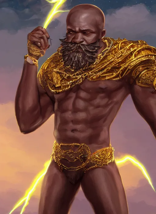 Image similar to a highly detailed illustration of bearded short haired fade african god of lightning, wearing gold chains on neck and arms, evil summoning lightning pose, moonlit clouds background, muscular, intricate, elegant, highly detailed, centered, digital painting, artstation, concept art, smooth, sharp focus, league of legends concept art, WLOP