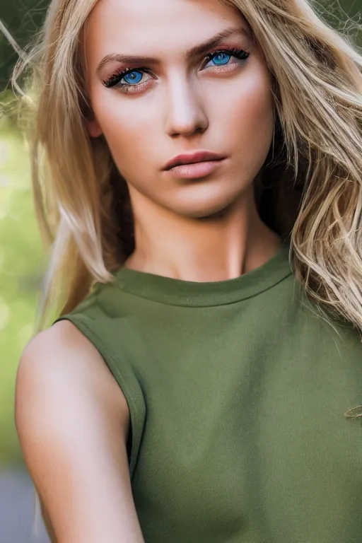 Image similar to olive skinned blonde female model in her twenties with green eyes, wearing a designer top, looking content, focused on her neck, photo realistic, extreme detail skin, natural beauty, no filter, slr, golden hour, 4 k, high definition, selfie
