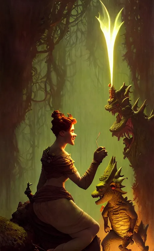 Image similar to shrek dragon gorgeous lighting by weta studio, mucha, bautista and norman rockwell and greg rutkowski and tom bagshaw and james gurney and lucasfilm