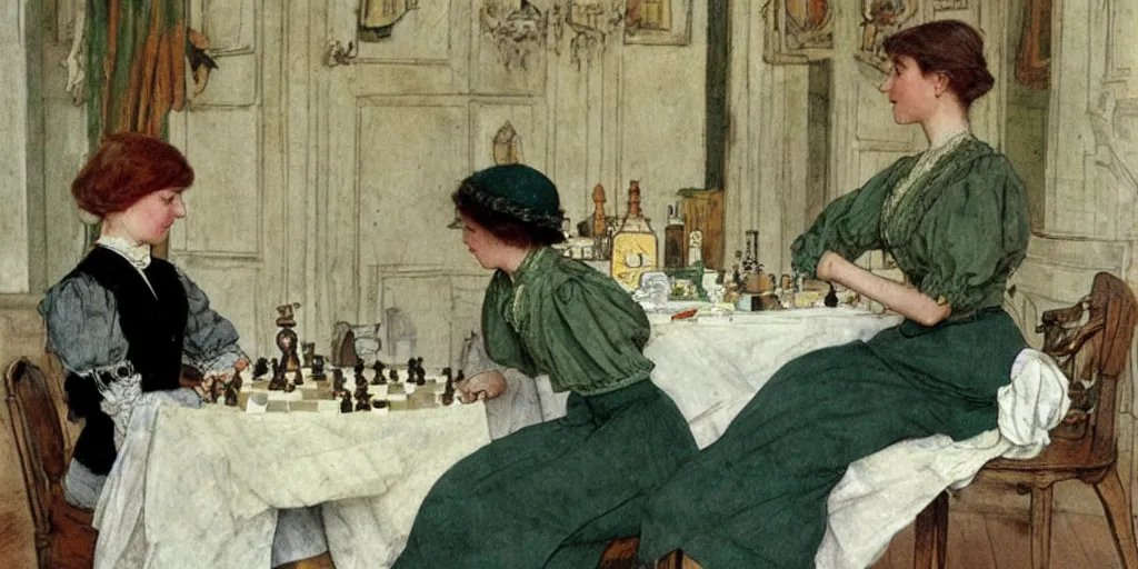 Image similar to a young edwardian woman wearing a green blouse and grey skirt sits by a chessboard at a table, in the style of carl larsson