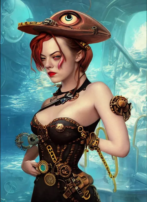 Image similar to underwater steampunk pirate portrait of emma stone, pixar style, by tristan eaton stanley artgerm and tom bagshaw.