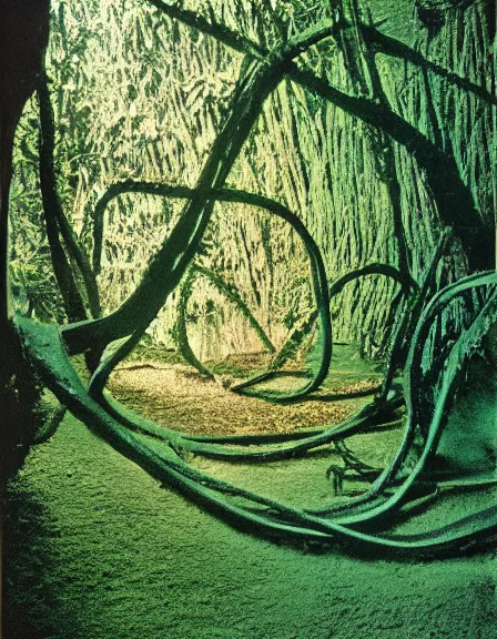 Prompt: vintage color photo of a giant 1 1 0 million years old abstract sculpture made of light covered by the jungle vines