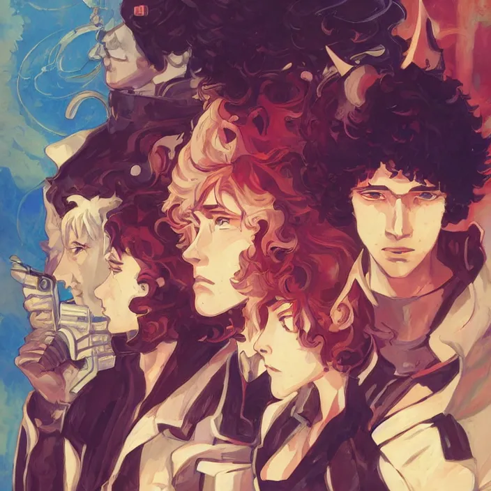 Image similar to anime portrait cowboy bebop, futuristic science fiction, mucha, hard shadows and strong rim light, art by jc leyendecker and atey ghailan and sachin teng