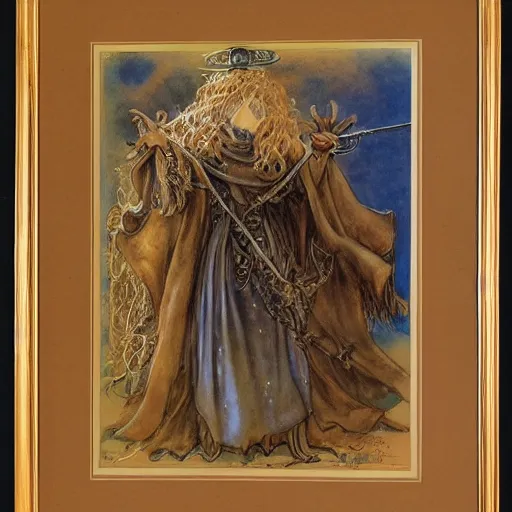 Image similar to Portrait of a sheep wizard holding a magical staff in ornamental magical robes, by Brian Froud, Jeff Easley, Alan Lee