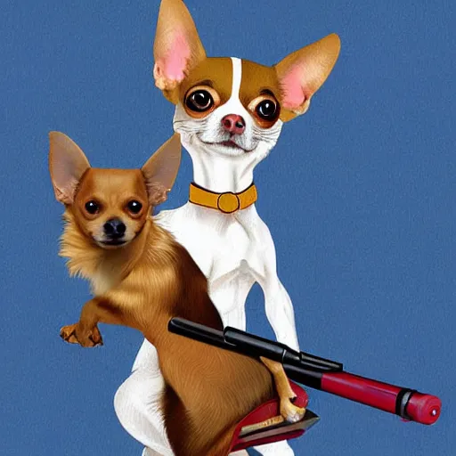 Image similar to chihuahua holding a sniper, digital art