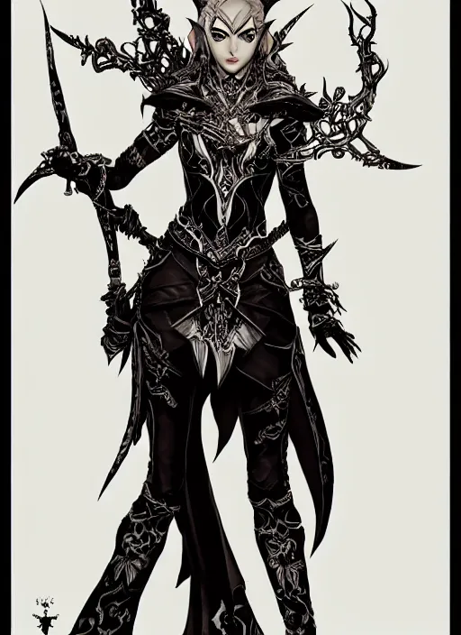 Image similar to Full body portrait of a lively young beautiful elven female in ornate rogue attire. In style of Yoji Shinkawa and Hyung-tae Kim, trending on ArtStation, dark fantasy, great composition, concept art, highly detailed, dynamic pose.