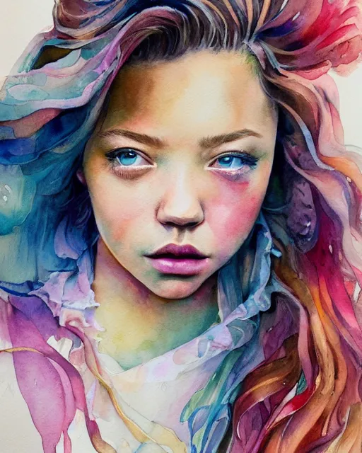 Prompt: watercolor front facing portrait of sydney sweeney wearing a frilly dress, romantisism, outrun, pastel painting, dramatic, detailed, by android jones