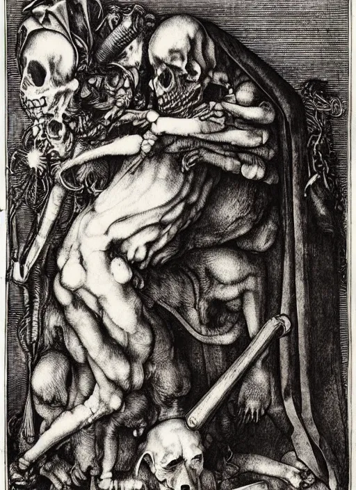 Prompt: death and the dachshund, engraving by albrecht durer, macabre