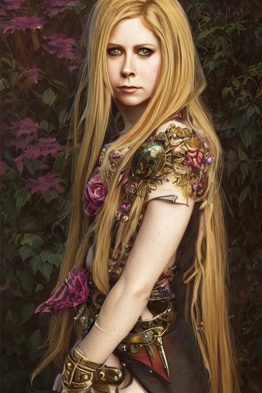 Image similar to portrait of avril lavigne, 3 0 years old, upper body, d & d, fantasy, intricate, elegant, highly detailed, digital painting, artstation, concept art, smooth, sharp focus, illustration, art by artgerm and greg rutkowski and alphonse mucha