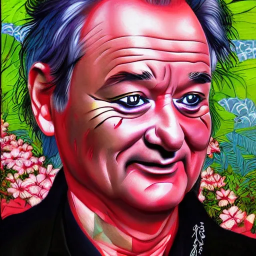 Image similar to bill murray, wearing kimono, by artgerm, cherry blossom falling, nagel