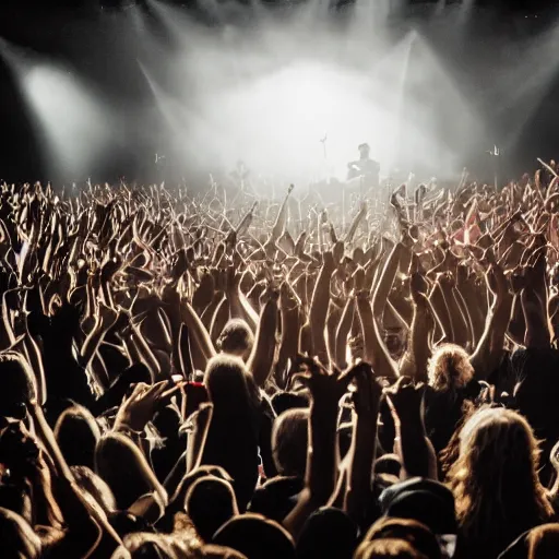 Image similar to a heavy metal band on stage at a concert, very small room with no crowd, center angle, close shot from back of room, professional photograph