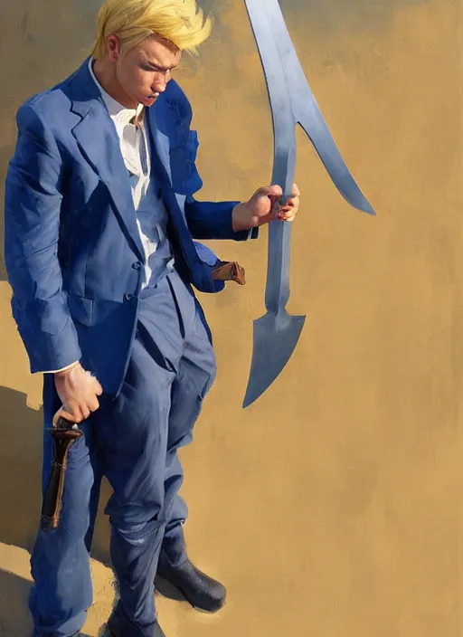 Image similar to greg manchess portrait painting of a blond man in a blue suit with a big sword, asymmetrical, profile picture, organic painting, sunny day, matte painting, bold shapes, hard edges, street art, trending on artstation, by huang guangjian, gil elvgren, ruan jia, randy vargas, greg rutkowski