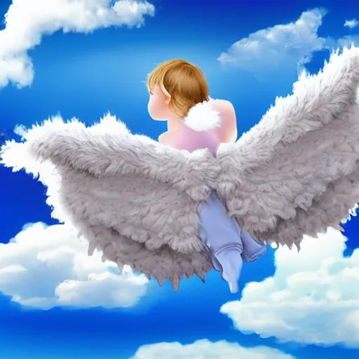 Image similar to bright blu sky. fluffy clouds. angels with big wings wake - up