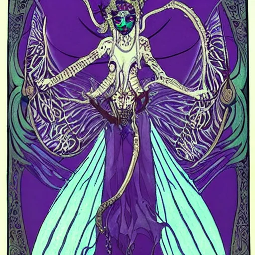 Image similar to Eldritch fairy lovecraft Woman with Art-Nouveau moth wings, black hair, Kali, and the Bodhisattva's Thousand Arms