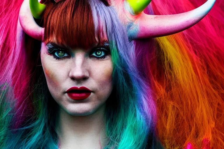 Image similar to pretty demon girl with horns photograph in the style of clemens ascher, colorful, realistic, 8 k