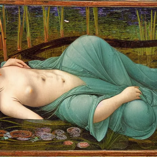 Image similar to ophelia, laying flat submerged in water, close up portrait, under the river amongst the reeds, fully covered in robes and lake foliage, weeds reeds, fully clothed in flowing medieval robes, by leonardo devinci, botticelli, devinci, rosetti and monet, 8 k