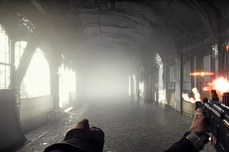 Prompt: a first person shooter game trailer on a victorian shopping mall, cinematic lightning, ray tracing, unreal engine 5, photorealistic, holding a ak - 4 7, fps game concept, extremely detailed, foggy, in - game footage