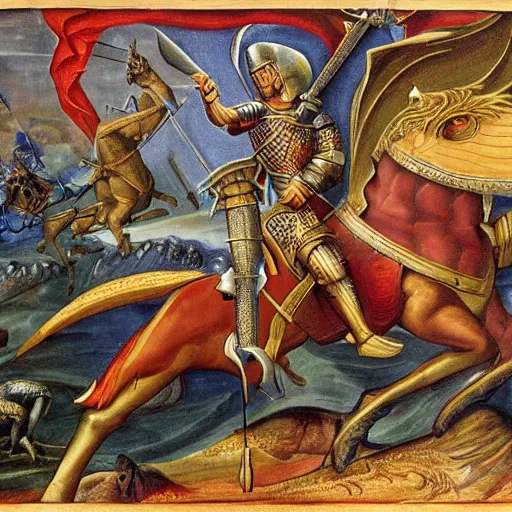 Prompt: saint george the knight on a horse fighting a dragon with a spear, by andrej dugin, olga dugina