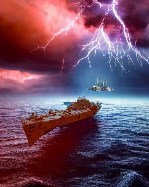 Prompt: scifi action scene of a fishing boat on stormy seas, a gigantic star destroyer spaceship flying overhead, the gigantic star destroyer spaceship is emerging from storm clouds, sunset lighting, stormy weather, dramatic lighting, unreal engine, hyper realism, realistic shading, cinematic composition, realistic render, octane render, detailed textures, photorealistic, ultrawide shot, 1 6 mm lens