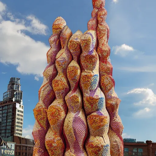 Image similar to imposing by mark briscoe, by todd mcfarlane umber. a installation art of a city made entirely out of kulich, a traditional russian easter bread. the city is bustling with activity. the installation art is playful & whimsical, with a touch of magic.