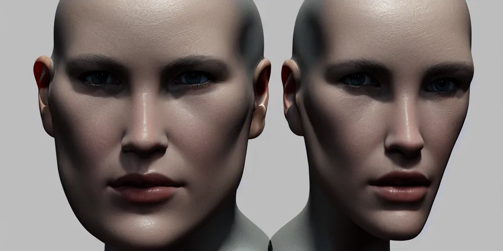 Prompt: hyper realistic symmetricial human face, ex machina, glossy material hard surface, body armour, octane render, 4 k, volumetric lights