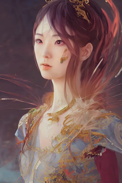 Image similar to portrait online game genshin character ayaka, in ruined fantasy world Sunrise, ssci-fi, fantasy, intricate, very beautiful and elegant, highly detailed, digital painting, artstation, concept art, smooth and sharp focus, illustration, art by tian zi and WLOP and alphonse mucha