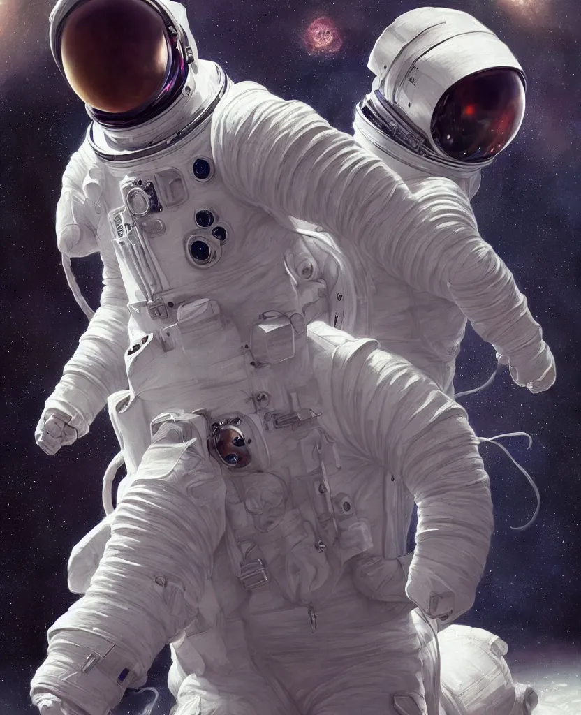 Image similar to realistic photography of an astronaut wearing an adidas space suit, deep focus, intricate, elegant, highly detailed, foggy, misterious, digital painting, artstation, concept art, matte, sharp focus, illustration, art by artgerm and greg rutkowski and alphonse mucha