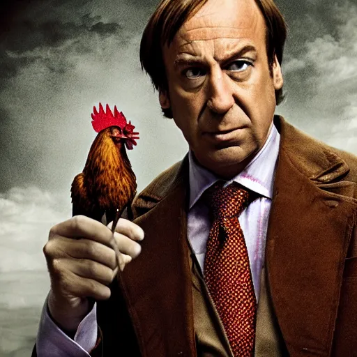 Prompt: saul goodman and a rooster in a saw movie torture chamber, horror movie background, saul goodman, rooster, photo