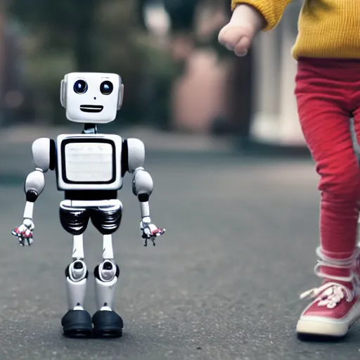 Image similar to in the style of 1960s, A robot is running after kids ,with fully detailed faces, fully detailed , faces in focus ,4k ,HD