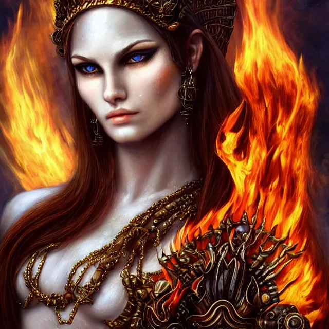 Prompt: perfectly centered close up portrait, goddess of fire, perfect human female specimen, candid photography, by anne stokes, highly detailed