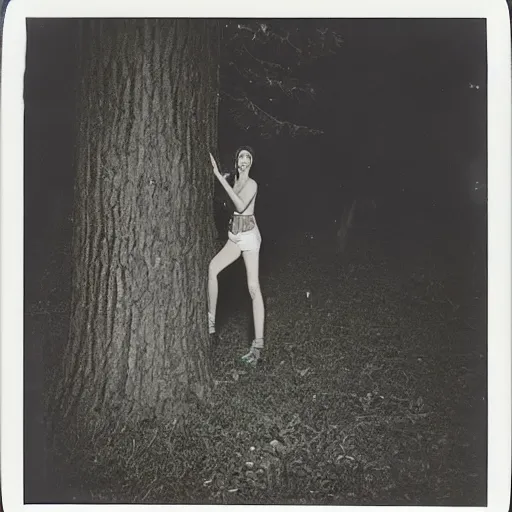 Image similar to Polaroid photo of a tall bipedal creature peering out from behind a tree