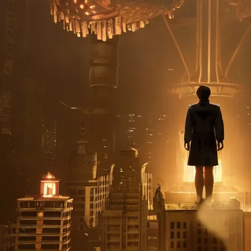 Image similar to screen capture from a live - action bioshock movie. andrew ryan, played by evan peters, is shown standing in an turn of the century style office front of an immense floor - to - ceiling window looking out into the underwater city of rapture. the lights of the city are shining in the distance and an abundance of sea life is shown.