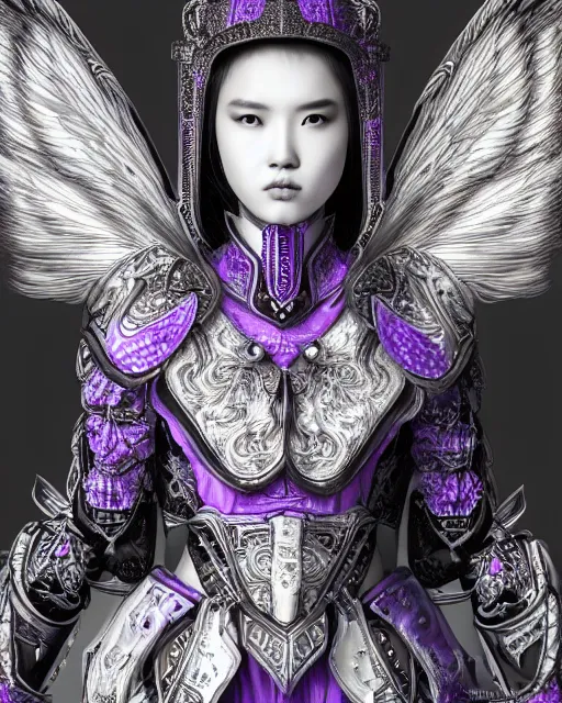 Prompt: Detailed portrait of the strangest angel, black and white armor, unique design, by Yun Taek Oh, fine details, pretty face, beautiful violet eyes, inside a palace, perfect, colorful background, 8k high detail, intricate, sharp focus, masterpiece, trending on artstation