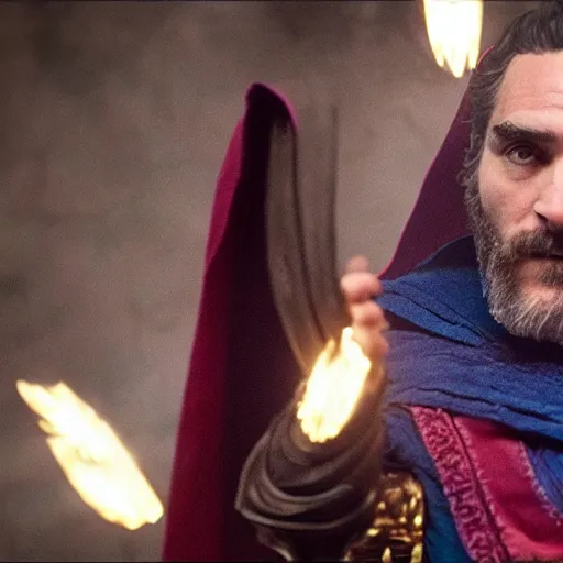 Image similar to A still of Joaquin Phoenix as Dr. Strange. Extremely detailed. Beautiful. 4K. Award winning.