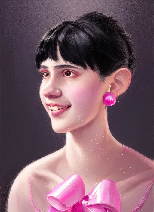 Image similar to portrait of teenage girl, realistic, black hair, bangs, half updo hairstyle, pointy nose, skinny, smile, ugly, defined jawline, big chin, pink hair bow, earrings, intricate, elegant, glowing lights, highly detailed, digital painting, artstation, sharp focus, illustration, art by wlop, mars ravelo and greg rutkowski