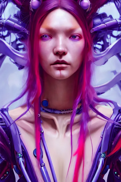 Prompt: a portrait of a beautiful young 28th century super cool post-human female wiht long colorful hair, barely human and largely biomechanical machine, hyper-realistic cyberpunk style, designs by Peter Mohrbacher Takayuki Takeya moody, face by Yanjun Cheng, Irakli Nadar, models by 500px, dramatic cinematic lighting rendered by octane, 8k, detailed, intricate, clean and textures, trending on artstation, deviantart google images, pinterest