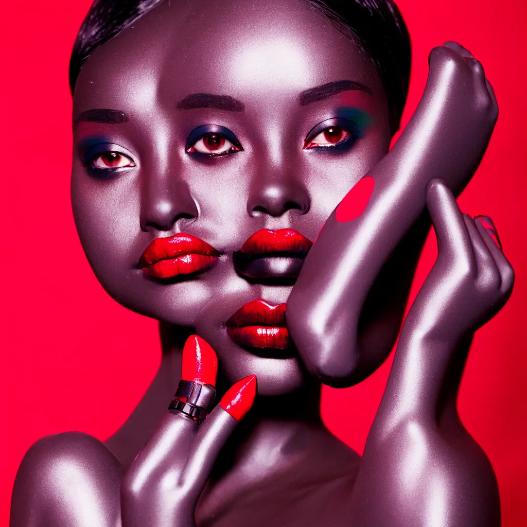 Image similar to medium shot, photograph of alluring dark skin female robot looking into camera, red lipstick, sharp focus,, chromatic abberations, as fashion editorial 9 0 s